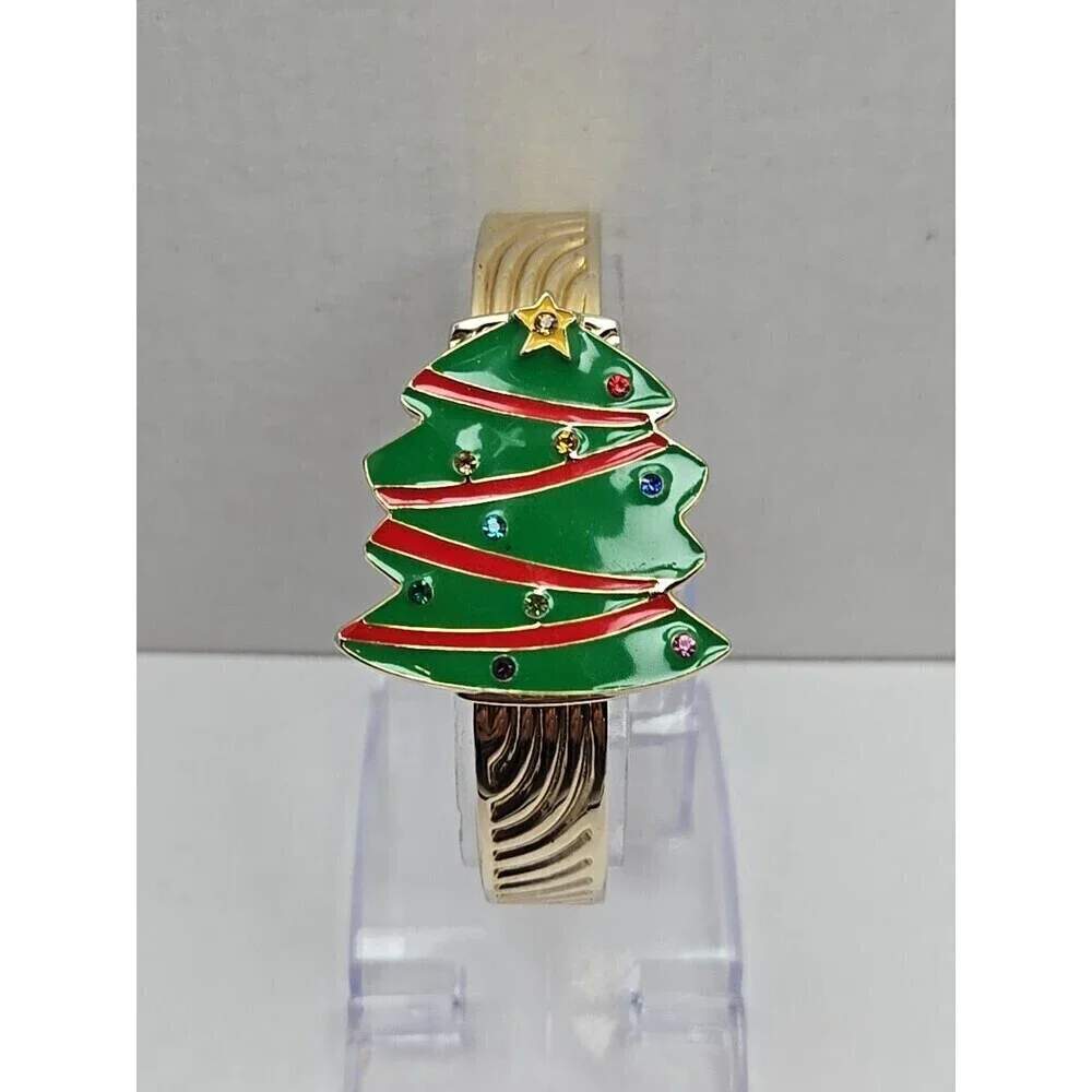 Arm Candy Christmas Tree Ladies Cuff Watch Quartz Gold Tone New Battery Xmas Fun